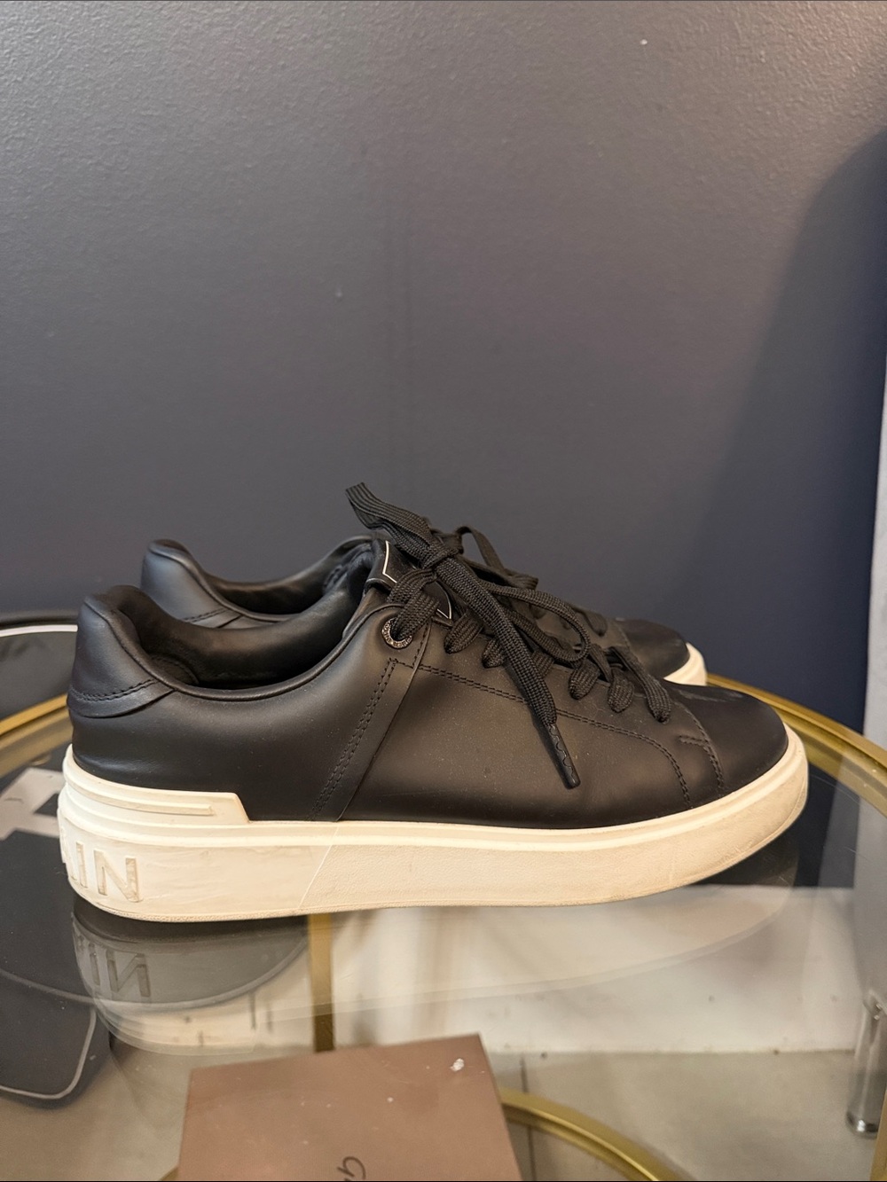 Balmain Black Leather Low-Top Sneakers with White Sole